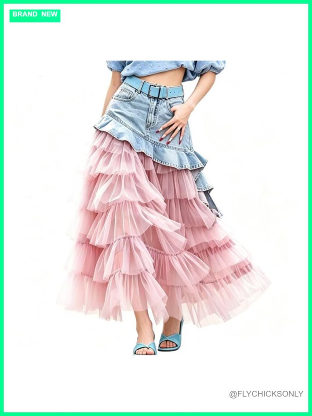 Y2K Denim Tulle Layered Maxi Skirt High Waist